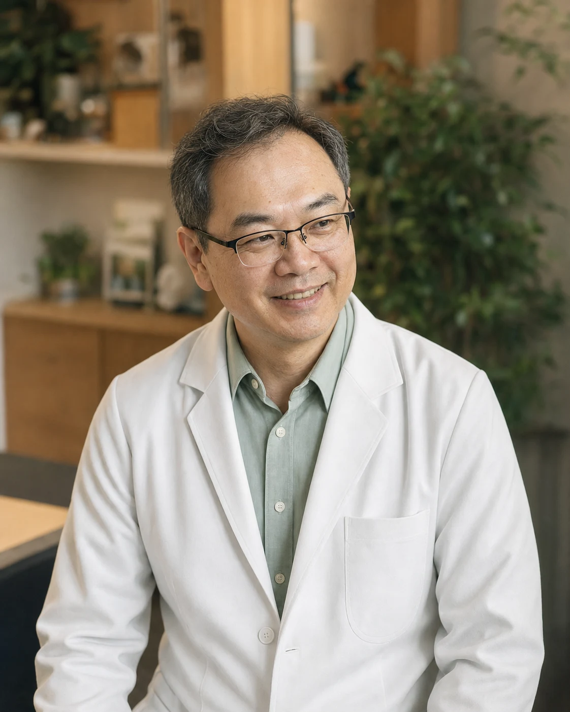 青園診所林青園醫師肖像：白袍配淡綠色襯衫、戴細框眼鏡、溫暖微笑