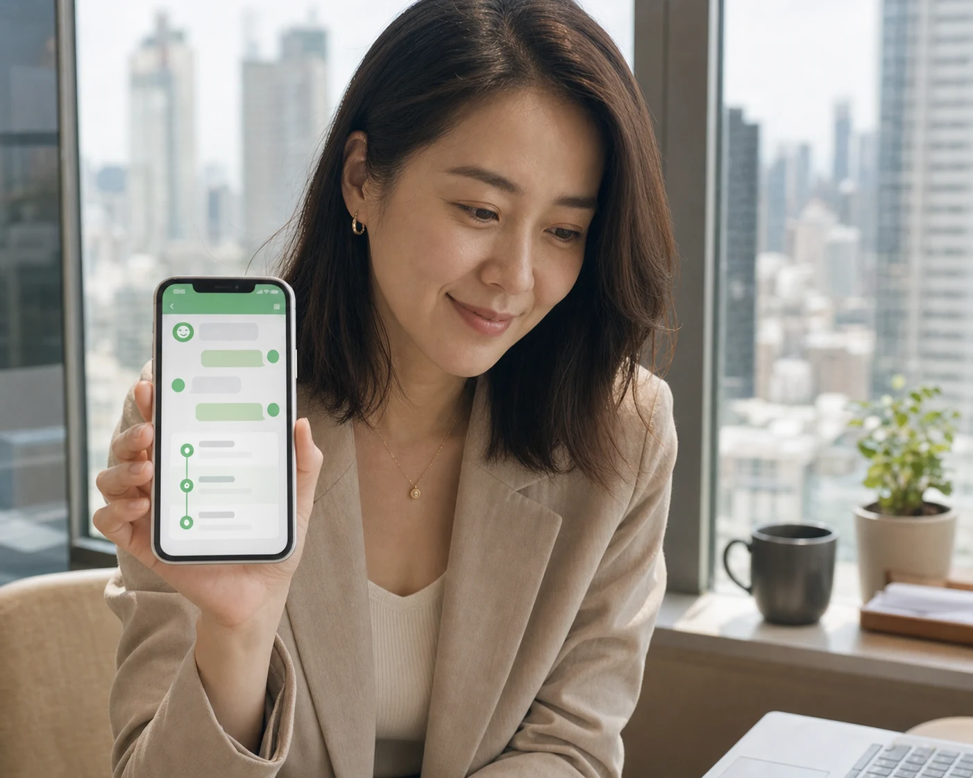 台北辦公室裡的女兒在午休時用手機幫桃園的媽媽掛號，臉上帶著放心的神情